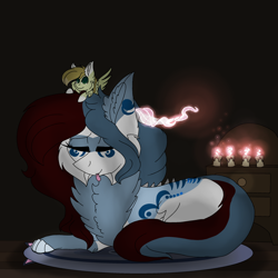 Size: 2560x2560 | Tagged: safe, artist:brokensilence, oc, oc only, oc:auctor, oc:mira songheart, species:draconequus, candle, candlestick, chest fluff, draconequified, horns, magic, paws, plushie, prone, sleeping, species swap, tongue out