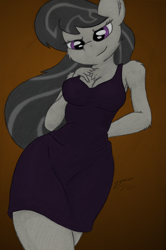 Size: 1656x2494 | Tagged: safe, artist:zemer, character:octavia melody, species:anthro, species:earth pony, species:pony, g4, black dress, breasts, busty octavia, cheek fluff, chest fluff, cleavage, clothing, colored, dress, ear fluff, elbow fluff, female, hand behind back, hand on chest, large voluminous hair, little black dress, looking at you, shoulder fluff, smiling, solo, traditional art