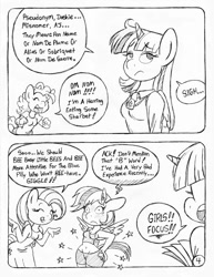 Size: 849x1100 | Tagged: safe, artist:circe, character:fluttershy, character:pinkie pie, character:rainbow dash, character:twilight sparkle, character:twilight sparkle (alicorn), species:alicorn, species:anthro, species:pony, comic:soreloser, belly button, black and white, butt touch, comic, explicit series, grayscale, hand on butt, midriff, monochrome, semi-grimdark series, traditional art
