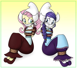 Size: 1400x1250 | Tagged: safe, artist:nivek15, artist:robukun, character:fluttershy, character:rarity, my little pony:equestria girls, arm behind back, bondage, bound and gagged, cloth gag, clothing, dutch, dutch cap, female, gag, hands behind back, hat, rope, rope bondage, tied up