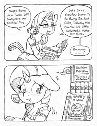 Size: 849x1100 | Tagged: safe, artist:circe, character:rarity, oc, oc:eaststern, species:anthro, comic:soreloser, black and white, blushing, book, comic, explicit series, grayscale, monochrome, semi-grimdark series, spanking, traditional art