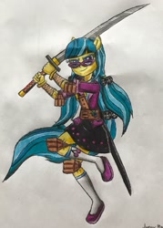 Size: 1949x2723 | Tagged: safe, artist:bozzerkazooers, character:juniper montage, my little pony:equestria girls, spoiler:eqg specials, clothing, female, ninja, ponied up, solo, sword, traditional art, weapon