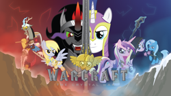 Size: 10881x6121 | Tagged: safe, artist:amarthgul, character:derpy hooves, character:discord, character:king sombra, character:princess cadance, character:shining armor, character:starlight glimmer, character:trixie, species:pony, absurd resolution, armor, clothing, crossover, cup, epic derpy, magic, mallet, poster, scepter, split screen, staff, sword, teacup, twilight scepter, warcraft, weapon