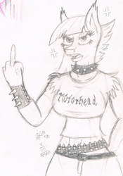 Size: 1110x1586 | Tagged: safe, artist:mane-shaker, character:limestone pie, species:anthro, angry, blackletter, bullet belt, metal, middle finger, monochrome, traditional art, vulgar