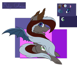 Size: 2560x2560 | Tagged: safe, artist:brokensilence, oc, oc only, oc:may glacier, species:bat pony, species:pony, bedroom eyes, chest fluff, cute, cute little fangs, eyeshadow, fangs, makeup, mlem, reference sheet, solo, tongue out