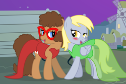 Size: 1024x683 | Tagged: safe, artist:mlp-trailgrazer, character:derpy hooves, oc, oc:trissie, species:earth pony, species:pony, blushing, canon x oc, clothing, dress, female, glasses, lesbian, shipping