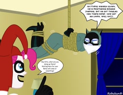 Size: 1018x785 | Tagged: safe, artist:robukun, character:pinkie pie, character:princess luna, character:vice principal luna, my little pony:equestria girls, bondage, bound and gagged, catwoman, gag, harley quinn, muffled words, rope, suspended, tied up, vice principal luna