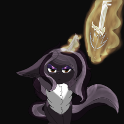 Size: 2560x2560 | Tagged: safe, artist:brokensilence, oc, oc only, oc:alcmene, species:pony, >:c, chest fluff, dark background, fluffy, frown, keyblade, kingdom hearts, magic, serious, serious face, solo