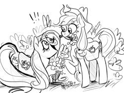 Size: 1280x959 | Tagged: safe, artist:mushroomcookiebear, character:applejack, character:fluttershy, species:pony, excited, flower, happy, monochrome, saddle bag