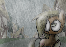 Size: 2119x1526 | Tagged: safe, artist:mushroomcookiebear, character:applejack, species:earth pony, species:pony, female, hatless, looking up, mare, missing accessory, ponyville, rain, solo, wet, wet mane