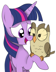 Size: 1736x2236 | Tagged: safe, artist:squipycheetah, character:owlowiscious, character:twilight sparkle, character:twilight sparkle (alicorn), species:alicorn, species:owl, species:pony, cute, duo, folded wings, open mouth, raised hoof, simple background, transparent background, vector