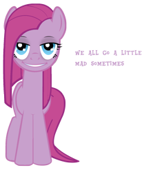 Size: 1137x1378 | Tagged: safe, artist:j5a4, character:pinkamena diane pie, character:pinkie pie, comic:party of one, creepypasta, female, grimdark series, grin, grotesque series, lidded eyes, looking at you, simple background, smiling, solo, text, transparent background, vector