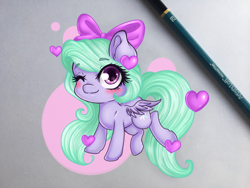 Size: 900x675 | Tagged: safe, artist:bunnywhiskerz, artist:emberslament, character:flitter, species:pegasus, species:pony, bow, chibi, cute, female, flitterbetes, hair bow, heart, mare, one eye closed, smiling, solo, wink