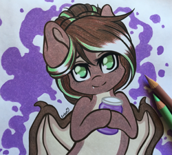 Size: 3279x2948 | Tagged: safe, artist:emberslament, oc, oc only, oc:cocoa dot, species:bat pony, species:pony, female, food, high res, jam, jar, mare, solo, traditional art