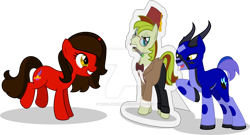 Size: 1024x554 | Tagged: safe, artist:mlp-trailgrazer, oc, oc only, oc:novella, oc:segasister, oc:trail grazer, oc:voice of reason, species:pony, species:unicorn, cardboard cutout, clothing, doctor who, eleventh doctor, female, gazelle, male, mare, mouth hold, simple background, sonic screwdriver, stallion, watermark