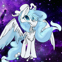 Size: 2560x2560 | Tagged: safe, artist:brokensilence, oc, oc only, oc:glacia, species:pony, chest fluff, ethereal mane, female, freckles, galaxy, heavenly ponies, impossibly large wings, original species, solo