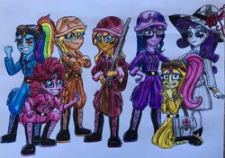 Size: 3169x2234 | Tagged: safe, artist:bozzerkazooers, character:applejack, character:fluttershy, character:pinkie pie, character:rainbow dash, character:rarity, character:sunset shimmer, character:twilight sparkle, character:twilight sparkle (scitwi), species:eqg human, my little pony:equestria girls, armor, boots, camouflage, clothing, confident, dress, first aid, first aid kit, glasses, goggles, gun, hat, helmet, high heels, pants, ponytail, rifle, scared, shirt, shoes, simple background, sword, traditional art, war, weapon, world war ii