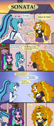Size: 1024x2400 | Tagged: safe, artist:queentigrel, character:adagio dazzle, character:aria blaze, character:sonata dusk, my little pony:equestria girls, breasts, cleavage, clothing, comic, dress, mamadagio, pigtails, ponytail, skirt, the dazzlings, twintails