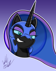 Size: 1026x1300 | Tagged: safe, artist:fuzon-s, character:nightmare moon, character:princess luna, species:alicorn, species:pony, episode:the cutie re-mark, alternate timeline, bust, female, grin, nightmare takeover timeline, now that's something i would like to see, pony channel, portrait, scene interpretation, signature, smiling, smirk, solo, style emulation, yuji uekawa style