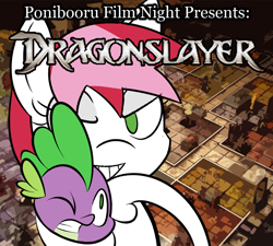 Size: 1000x900 | Tagged: safe, artist:daisyhead, character:spike, oc, oc:flicker, species:dragon, species:pony, dragonslayer, duo, female, hero quest, male, mare, noogie, ponibooru film night