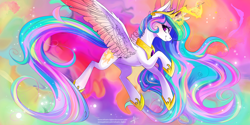 Size: 3464x1732 | Tagged: safe, artist:wilvarin-liadon, character:princess celestia, species:alicorn, species:pony, abstract background, blushing, color porn, colored wings, cute, eyestrain warning, female, flying, glowing horn, looking at you, magic, mare, smiling, solo, spread wings, wings