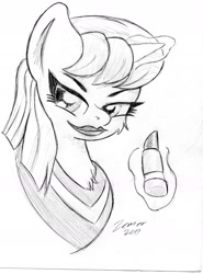 Size: 1280x1734 | Tagged: safe, artist:zemer, character:lipstick vanity, species:pony, species:unicorn, g4, 30 minute art challenge, lipstick, sketch, smiling, solo, traditional art