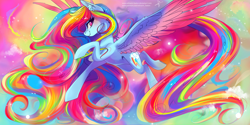Size: 3464x1732 | Tagged: safe, artist:wilvarin-liadon, character:rainbow dash, species:alicorn, species:pegasus, species:pony, g4, abstract background, color porn, eyestrain warning, female, long mane, long tail, looking at you, looking back, mare, multicolored hair, profile, smiling, solo, spread wings, underhoof, wings