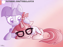 Size: 1000x750 | Tagged: safe, artist:thealjavis, character:moondancer, character:twilight sparkle, character:twilight sparkle (alicorn), species:alicorn, species:pony, ship:twidancer, female, friendship, lesbian, limited palette, patreon, patreon logo, prone, shipping, sleeping