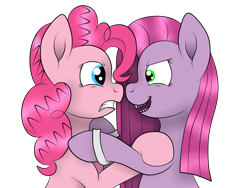Size: 4000x3000 | Tagged: safe, artist:squipycheetah, character:pinkamena diane pie, character:pinkie pie, species:earth pony, species:pony, dr jekyll and mr hyde, dr pinkie and miss pie, duo, duo female, eye contact, fangs, female, gritted teeth, inner demons, jekyll & hyde, looking at each other, open mouth, ponidox, self paradox, self ponidox, simple background, smiling, smirk, transparent background, vector