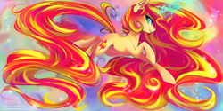 Size: 3464x1732 | Tagged: safe, artist:wilvarin-liadon, character:sunset shimmer, species:pony, species:unicorn, :t, abstract background, color porn, eyestrain warning, female, glowing horn, impossibly large mane, impossibly large tail, impossibly long mane, impossibly long tail, jumping, lidded eyes, long mane, magic, mare, smiling, solo