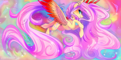 Size: 3464x1732 | Tagged: safe, artist:wilvarin-liadon, character:fluttershy, species:pegasus, species:pony, abstract background, color porn, colored wings, eyestrain warning, female, long mane, long tail, looking at you, mare, multicolored wings, profile, smiling, solo, spread wings, wallpaper, wings
