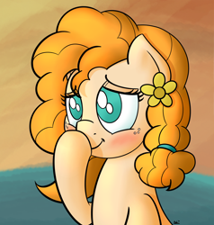 Size: 1900x2000 | Tagged: safe, artist:ashtoneer, character:pear butter, species:pony, episode:the perfect pear, g4, my little pony: friendship is magic, blushing, boop, bust, female, portrait, self-boop, solo
