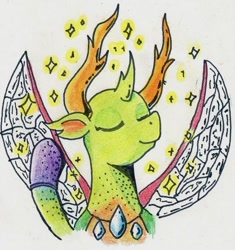 Size: 510x543 | Tagged: safe, artist:kuroneko, derpibooru original, character:thorax, species:changeling, species:reformed changeling, bust, colored pencil drawing, eyes closed, fabulous, horns, insect wings, king thorax the fabulous, male, simple background, solo, sparkles, traditional art, white background, wings