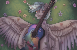 Size: 2000x1300 | Tagged: safe, artist:orfartina, oc, oc only, species:pegasus, species:pony, acoustic guitar, flower, grass field, handsome, male, one eye closed, solo, wink