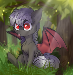 Size: 1745x1797 | Tagged: safe, artist:starlyfly, oc, oc only, oc:dusty fang, species:bat pony, species:pony, blep, chest fluff, crepuscular rays, female, forest, mare, silly, sitting, solo, tongue out, tree