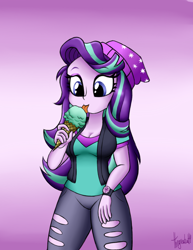 Size: 850x1100 | Tagged: safe, artist:queentigrel, character:starlight glimmer, equestria girls:mirror magic, g4, my little pony: equestria girls, my little pony:equestria girls, spoiler:eqg specials, beanie, breasts, clothing, cute, female, food, glimmerbetes, gradient background, hat, ice cream, licking, pants, shirt, solo, tongue out, vest
