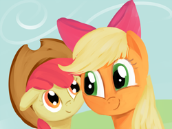 Size: 800x600 | Tagged: safe, artist:tggeko, character:apple bloom, character:applejack, species:earth pony, species:pony, accessory swap, apple sisters, cheek to cheek, clothing, duo, female, filly, foal, hair bow, hat, mare, siblings, sisters, smiling