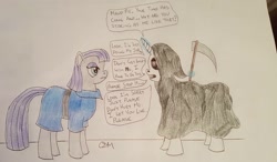 Size: 1834x1074 | Tagged: safe, artist:rapidsnap, character:maud pie, species:earth pony, species:pony, emotionless, female, grim reaper, mare, maud being maud, stare, staring contest, sycthe, traditional art