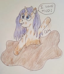 Size: 1093x1267 | Tagged: safe, artist:rapidsnap, character:rarity, species:pony, female, mud, mud bath, muddy, out of character, solo, traditional art