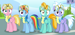 Size: 4735x2250 | Tagged: safe, artist:tomfraggle, character:cloudchaser, character:lightning dust, character:meadow flower, character:rainbow dash, species:pegasus, species:pony, clothing, female, goggles, high res, mare, open mouth, uniform, vector, wide eyes, wonderbolt trainee uniform