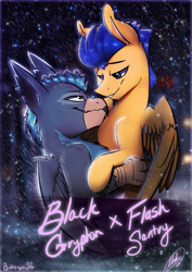 Size: 827x1169 | Tagged: safe, artist:xxmarkingxx, character:flash sentry, oc, species:pegasus, species:pony, black gryph0n, canon x oc, couple, gay, male, shipping