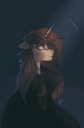 Size: 2193x3327 | Tagged: safe, artist:orfartina, oc, oc only, oc:orfartina, species:pony, species:unicorn, bust, cloak, clothing, coat, female, looking up, mare, night, portrait, smiling, solo, starry night, stars