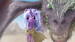Size: 1797x999 | Tagged: safe, artist:amarthgul, character:spike, character:twilight sparkle, species:dragon, species:pony, alternate hairstyle, cloak, clothing, crossover, daenerys targaryen, drogon, game of thrones, older, size difference