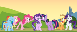 Size: 4000x1702 | Tagged: safe, artist:tomfraggle, character:applejack, character:fluttershy, character:pinkie pie, character:rainbow dash, character:rarity, character:starlight glimmer, character:twilight sparkle, character:twilight sparkle (alicorn), species:alicorn, species:pony, ship:twistarlight, absurd resolution, boop, caught, clothing, covering, cowboy hat, eyes closed, female, freckles, hat, i can explain, lesbian, mane six, noseboop, not what it looks like, open mouth, raised hoof, shipping, stetson