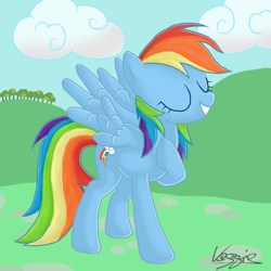 Size: 1000x1000 | Tagged: dead source, safe, artist:veggie55, character:rainbow dash, species:pegasus, species:pony, eyes closed, female, grin, hoof on chest, smiling, solo, spread wings, standing, wings