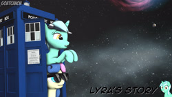 Size: 3840x2160 | Tagged: safe, artist:goatcanon, character:bon bon, character:lyra heartstrings, character:sweetie drops, comic:lyra's story, 3d, crossover, doctor who, portal (valve), source filmmaker, space core, sunglasses, tardis