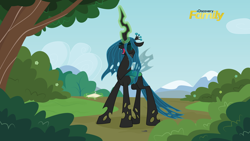 Size: 1920x1080 | Tagged: safe, artist:amarthgul, character:queen chrysalis, species:changeling, episode:the mean 6, g4, my little pony: friendship is magic, season 8, spoiler:s08, changeling queen, discovery family logo, eyes closed, fake screencap, female, laughing, magic, open mouth, scene interpretation, solo, vector