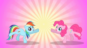 Size: 360x200 | Tagged: safe, artist:misterdavey, character:pinkie pie, character:rainbow dash, species:earth pony, species:pegasus, species:pony, fanfic:cupcakes, abstract background, animated, better without context, cupcakes hd, cupcakes.swf, dancing, duo, duo female, female, gif, mare