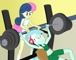 Size: 1024x801 | Tagged: safe, artist:mlp-trailgrazer, character:bon bon, character:lyra heartstrings, character:sweetie drops, my little pony:equestria girls, armpits, belly button, bench press, clothing, commission, duo, female, gritted teeth, gym, gym uniform, midriff, shorts, sports bra, sports shorts, strong, super strength, weight lifting, workout