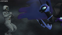 Size: 3840x2160 | Tagged: safe, artist:goatcanon, character:nightmare moon, character:princess luna, species:alicorn, species:human, species:pony, 3d, astronaut, duo, female, incoming hug, luna and the nauts, mare, source filmmaker, space